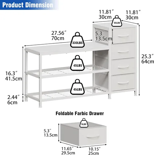 Miniatura 2 de EXOTICA Banco de almacenamiento para zapatos de 3 niveles, blanco, estante para zapatos de entrada con 4 cajones y asiento, estante