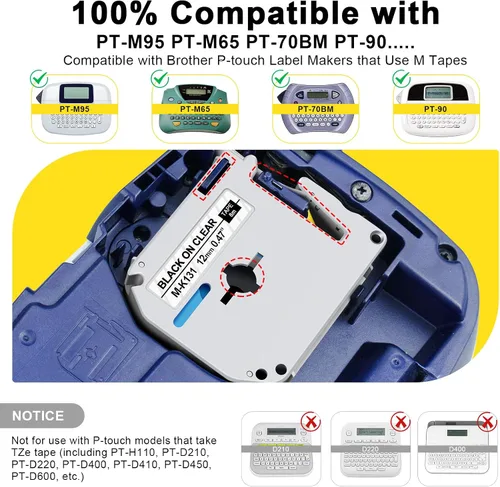 Miniatura 2 de M-K131 PT-95 - Cinta de etiquetas transparente compatible con Brother P Touch M, cinta transparente de 0.472 in, 0.47 pulgadas, M-K131s M131 MK131