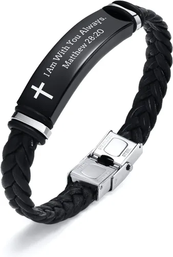 Miniatura 8 de Pulsera de cuero para hombre, regalo de sobriedad para hombre: cita inspiradora/versículo bíblico grabado, pulsera trenzada negra para hombre