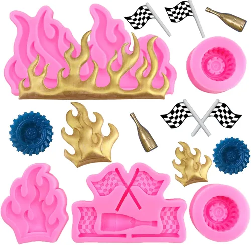 Rainmae Moldes de fondant de llama, molde de fondant para neumáticos de automóvil, moldes de silicona de fuego caliente, molde de neumático redondo,