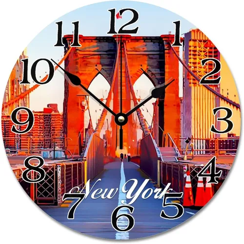 Miniatura 16 de Reloj de pared con paisaje urbano de Nueva York, Estados Unidos, reloj de pared grande de viaje, funciona con pilas, 9 pulgadas, silencioso