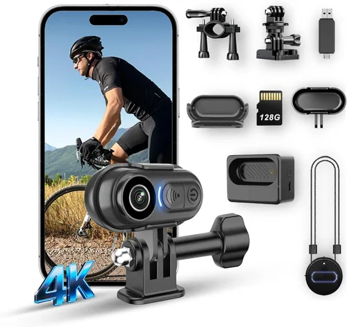 Mini cámara corporal 4K – Cámara de acción deportiva para pulgar de 128 GB con audio, grabación de pecho manos libres, montaje en casco y