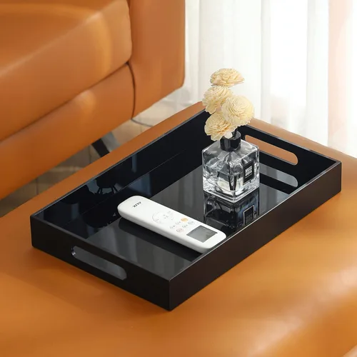 Miniatura 7 de Bandeja acrílica negra de gran tamaño con asas, 10 x 15 pulgadas, a prueba de derrames, bandejas decorativas para encimera para otomana, mesita