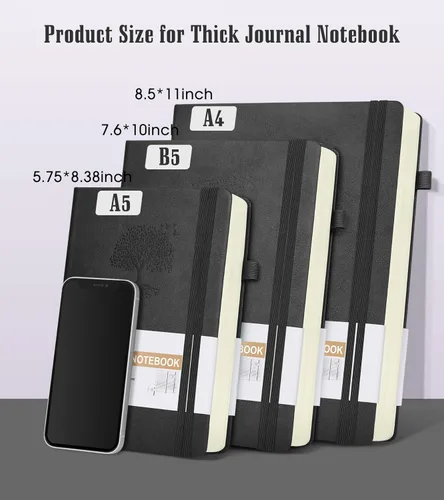 Miniatura 2 de Cuaderno rayado, 365 páginas B5, diarios grandes para escribir cuaderno a rayas, diario de cuero de tapa dura para mujeres y hombres, cuaderno Negro