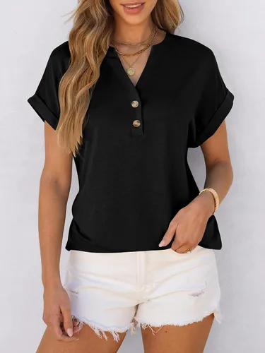 Miniatura 3 de ANRABESS - Camisetas Henley de manga corta para mujer, cuello en V, elegantes, estilo informal, de corte suelto; blusas fluidas de verano, ropa