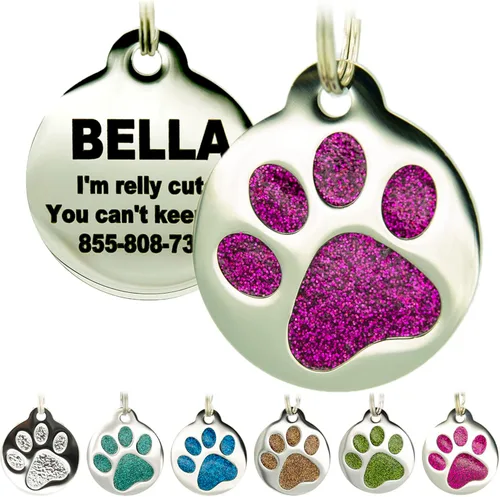 Miniatura 10 de Etiqueta grabada para mascotas para perros y gatos, personalizada con 4 líneas de identificación grabada, huella de pata redonda, acero inoxidable
