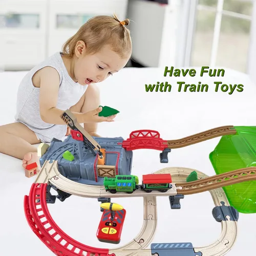 Miniatura 8 de Juego de tren de locomotora a pilas para pista de madera, vehículos magnéticos de control remoto eléctrico de juguete con potente luz de motor