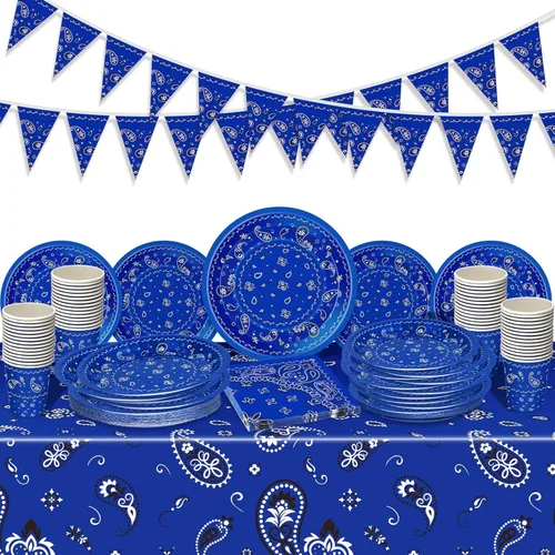 Miniatura 10 de 123 piezas de decoraciones de fiesta de vaquero occidental para 30 invitados, juego de vajilla desechable con platos, tazas, servilletas, pancartas