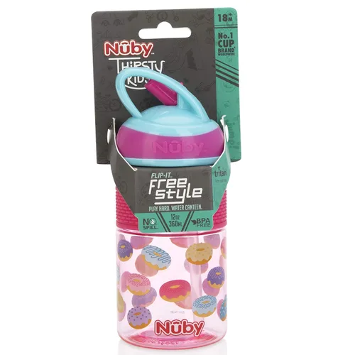 Miniatura 6 de Nuby Thirsty Kids Flip-it Freestyle On the Go Botella de agua con popote duro resistente a las mordeduras y banda de fácil agarre, rosquillas rosas