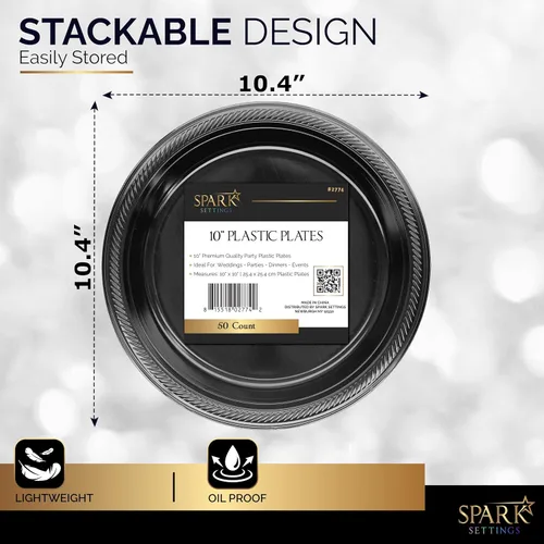Miniatura 3 de Amcrate Platos desechables de plástico, negro, 10.4 pulgadas, fuertes y resistentes para fiestas, cenas, vacaciones, picnic, viajes, paquete de 50