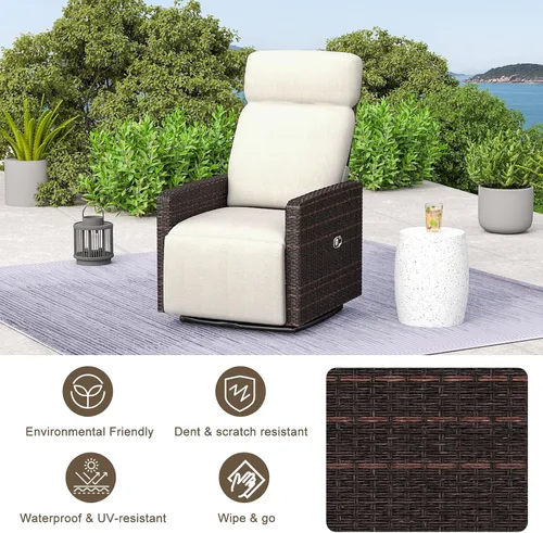 Miniatura 5 de kinbor Silla reclinable para exteriores, silla giratoria de 360° con respaldo alto para patio, con mesa auxiliar abatible, cojín extraíble y Beige-1