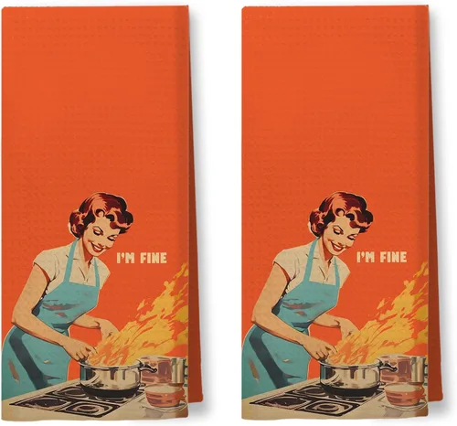 Miniatura 22 de Toallas de Cocina Divertidas "I'm Fine", Toallas Decorativas de Cocina y Té Estilo Ama de Casa Retro de los 50s, Toallas de Mano de Humor Sarcástico