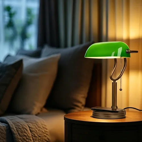 Miniatura 7 de Lámpara de Banco de Vidrio Verde, Lámpara de Escritorio Retro con Puerto de Carga Inalámbrica USB, Lámpara de Mesa con Cadena Clásica, para Mesita
