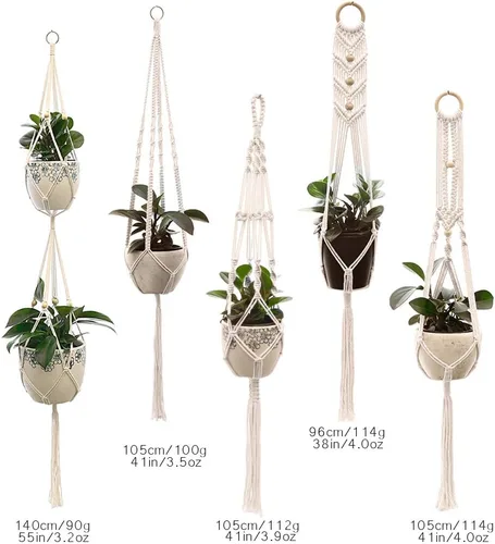 Miniatura 3 de Perchas de macramé para plantas hechas a mano, cuerda de algodón, soporte para macetas colgantes con temática bohemia para interiores y exteriores