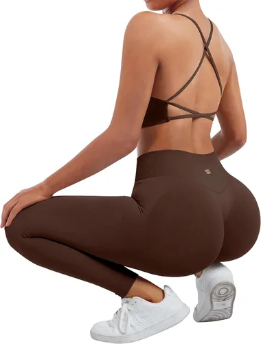 Miniatura 5 de SUUKSESS Conjuntos de entrenamiento sin costuras para mujer, sujetador deportivo con tiras y cintura alta, pantalones cortos