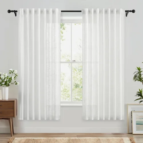 Miniatura 22 de FMFUNCTEX - Cortinas semitransparentes de lino de 114 cm de largo para dormitorio y sala de estar, paneles beige de lino texturizado para ventana