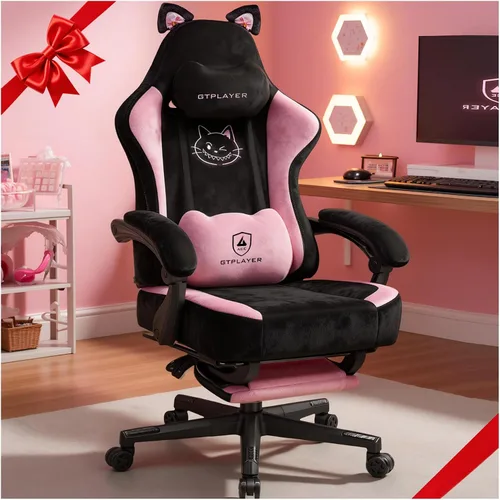 GTPOFFICE Linda silla de juegos con orejas de gato, silla ergonómica de computadora con reposapiés, soporte lumbar de pata de gato, cómoda silla de