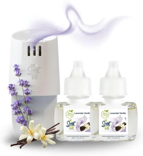 Scent Fill Ambientador enchufable 100% natural de lavanda y vainilla, recargas de aceite perfumado, 2 recargas + difusor