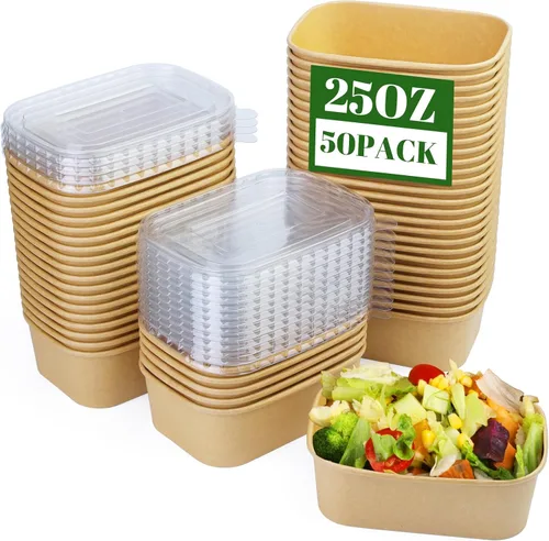 Miniatura 11 de Paquete de 25 cuencos de papel de 19 onzas, recipientes desechables con tapas, cuencos rectangulares desechables con tapas, cuencos de ensalada