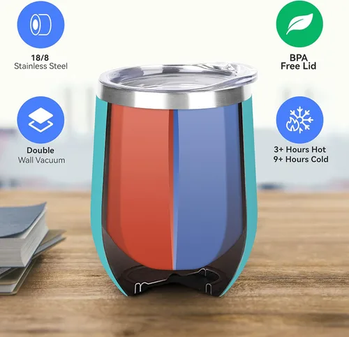 Miniatura 2 de DOMICARE - Juego de 8 vasos de vino de 12 onzas con tapa, hechos de acero inoxidable con aislamiento al vacío de doble pared, color celeste Azul