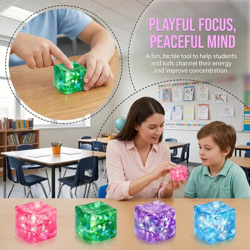 Miniatura 4 de 4 Pack Glitter Ice Cube Squishy, Slow Rising Stress Relief Toys, Square Stree Balls Fidget Toys for Adults Boys Girls, Squeeze Ball Sensory Toys for