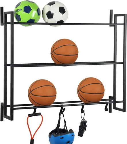 MyGift Estante para pelotas montado en la pared, 3 niveles de gimnasio, equipo de ejercicio, organizador de almacenamiento, estante con 4 ganchos en