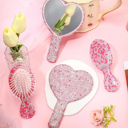 Miniatura 4 de Thyle Juego de 4 piezas de espejo de mano con diamantes de imitación y cepillo para el cabello, 2 bonitos espejos en forma de corazón, 2 cepillos
