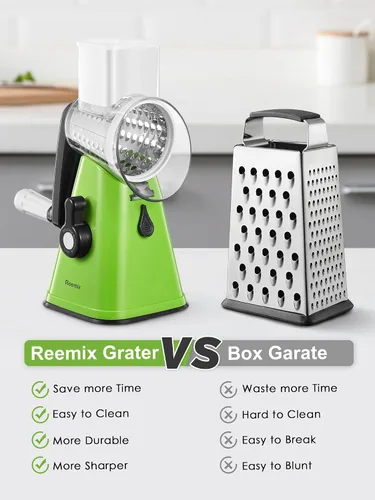 Miniatura 2 de Reemix - Rallador rotativo de queso con asa, triturador de queso vegetal para cocina, 3 cuchillas intercambiables para queso, papa, calabacín, Verde