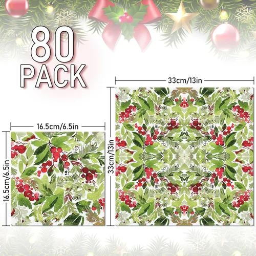 Miniatura 2 de Servilleta de papel de Navidad de 6.5 x 6.5 pulgadas, para acuarela, muérdago, cena, servilleta desechable para Navidad, suministros de decoración