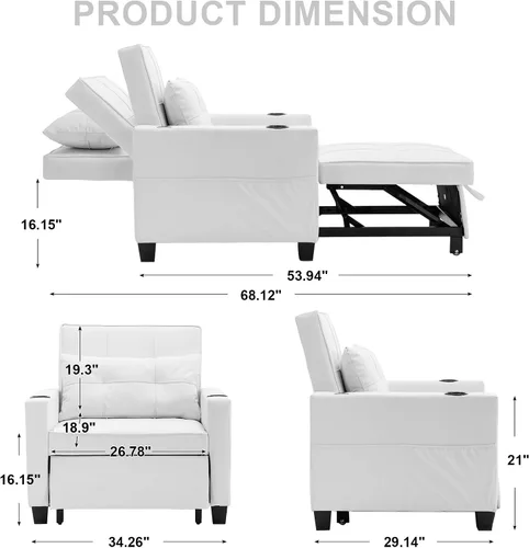 Miniatura 2 de Silla cama cama convertible ajustable con almohada, silla extraíble con puertos USB, antiarañazos, para sala de estar, dormitorio, apartamento, Lino