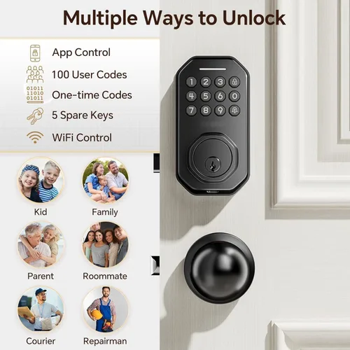 Miniatura 4 de Ulecoce Cerradura de puerta de entrada sin llave con juego de perillas, WiFi integrado, cerraduras de puerta para puerta delantera, control