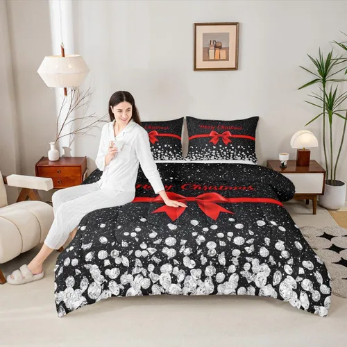 Miniatura 49 de Juego de edredón de Feliz Navidad para niños, tamaño twin, juego de ropa de cama de camión rojo árboles de pino copos de nieve, decoración
