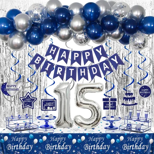 Decoraciones de cumpleaños número 15 para niños y niñas azul plateado, pancarta de decoraciones de feliz cumpleaños número 15, globos de cumpleaños