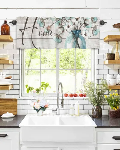 Miniatura 8 de Cenefas para ventanas, tarro de algodón con bolsillo para barra de cortina de cocina, cenefas de 54 x 18 pulgadas, cortinas cortas para ventana