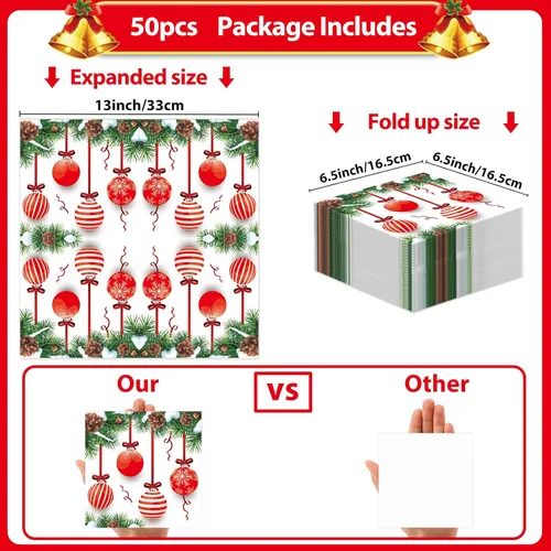 Miniatura 2 de 50 piezas de servilletas de Navidad para invitados, paquete de 3 capas, servilletas desechables de papel para fiestas, bolas de Navidad, servilletas