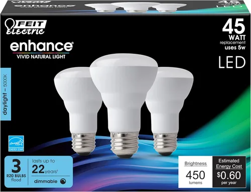 Feit Electric Bombilla LED R20, equivalente a 45 W, regulable, luz diurna de 5000 K, 450 lúmenes, 90 CRI, base E26, bombillas de iluminación