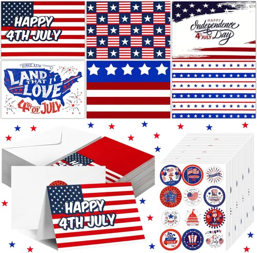Miniatura 7 de Sherr 120 tarjetas de felicitación patrióticas del 4 de julio a granel para 250 aniversario con 120 sobres blancos y 24 calcomanías, tarjetas