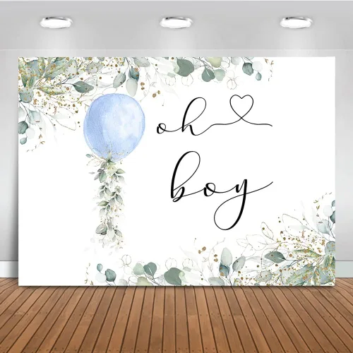 Miniatura 9 de Mocsicka Telón de fondo Oh Boy con globo azul, fondo verde para baby shower, eucalipto botánico, baby shower, fiesta, pastel, decoración de mesa