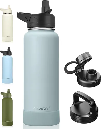 Miniatura 27 de CIVAGO Botella de agua aislada de 22 onzas con pajita, frasco de agua deportiva de acero inoxidable con 3 tapas