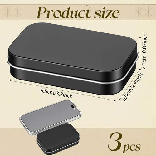 Miniatura 2 de Hotop Paquete de 3 recipientes rectangulares de metal de 3.75 x 2.45 x 0.8 pulgadas, recipientes con tapas, mini caja pequeña portátil para el Negro