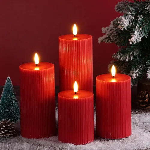 Miniatura 7 de Velas rojas sin llama de Navidad de pilar con control remoto, velas de cera LED estriadas de tapa plana alimentadas por batería, juego de 4 para Rojo