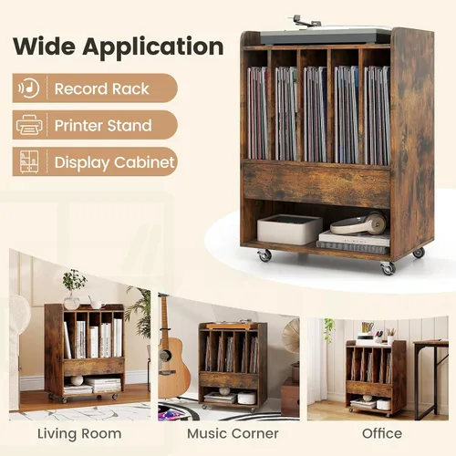 Miniatura 9 de LOKO Soporte para tocadiscos sobre ruedas, soporte giratorio con 5 compartimentos, cajón y estante abierto, estante de exhibición de vinilo