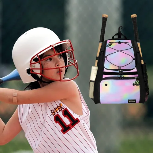 Miniatura 6 de Bolsa de béisbol juvenil con compartimento ventilado para zapatos, bolsa de bate de sóftbol para guantes de bateo, casco, equipo de teeball - Rosado