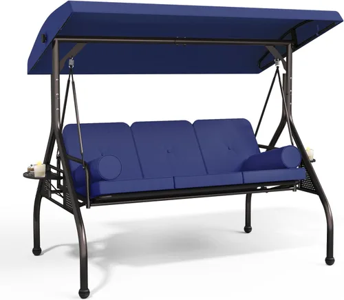 Betterland Silla de columpio de 3 asientos para patio, columpio de porche al aire libre con cojines, almohadas y portavasos, columpio exterior Azul