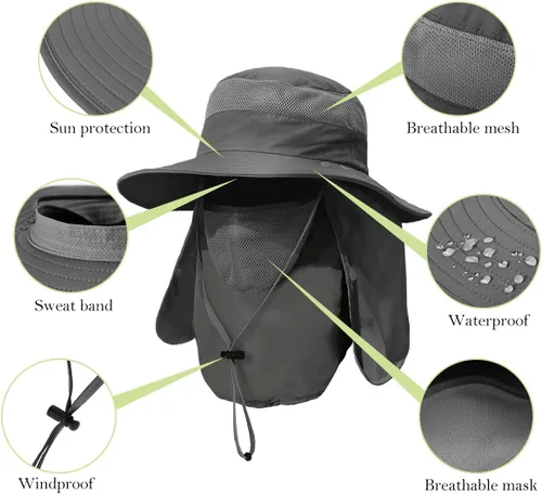 Miniatura 4 de Sombrero de pesca de ala ancha para hombre, 2 piezas, protección solar UPF 50+, extraíble, solapa para cara y cuello