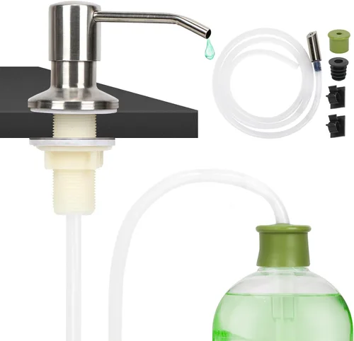Miniatura 11 de Dispensador de jabón para platos para fregadero de cocina de níquel cepillado, dispensador de jabón para debajo del fregadero con cabezal de bomba