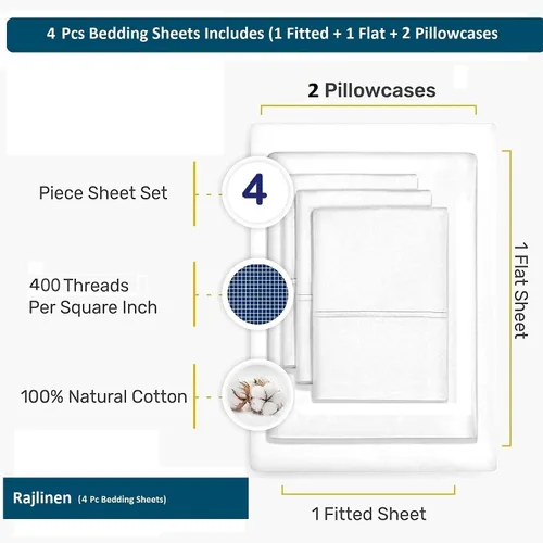 Miniatura 2 de Rajlinen Juego de sábanas de 4 piezas tamaño individual, juego de sábanas de 400 hilos 100% algodón, sábanas de lujo para hotel con bolsillo