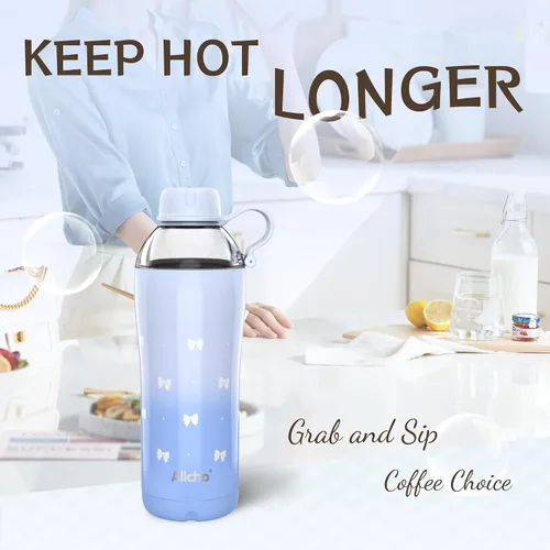 Miniatura 7 de Bow - Botella de agua aislada para mujeres, botellas de agua de acero inoxidable de 18 oz, de doble pared, 2 tapas (para beber y vaso) - Hidrata