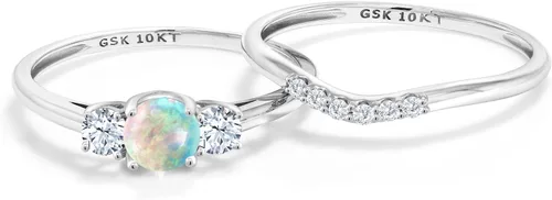Miniatura 3 de Gem Stone King Juego de anillos de compromiso de boda de 3 piedras para mujer Piedra natal de oro blanco de 10 quilates, zafiro blanco creado