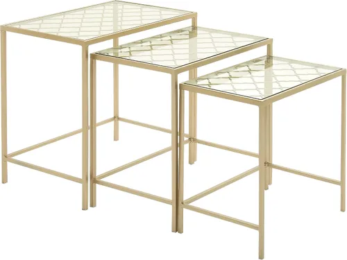 Deco 79 Mesa auxiliar auxiliar de metal con parte superior de vidrio transparente, juego de 3 mesas auxiliares de 24 pulgadas, 22 pulgadas, 20